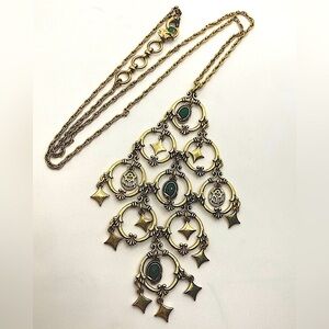 Lucky Brand Gold Tone Vintage Style Statement Necklace Green Stones 26” + 5”